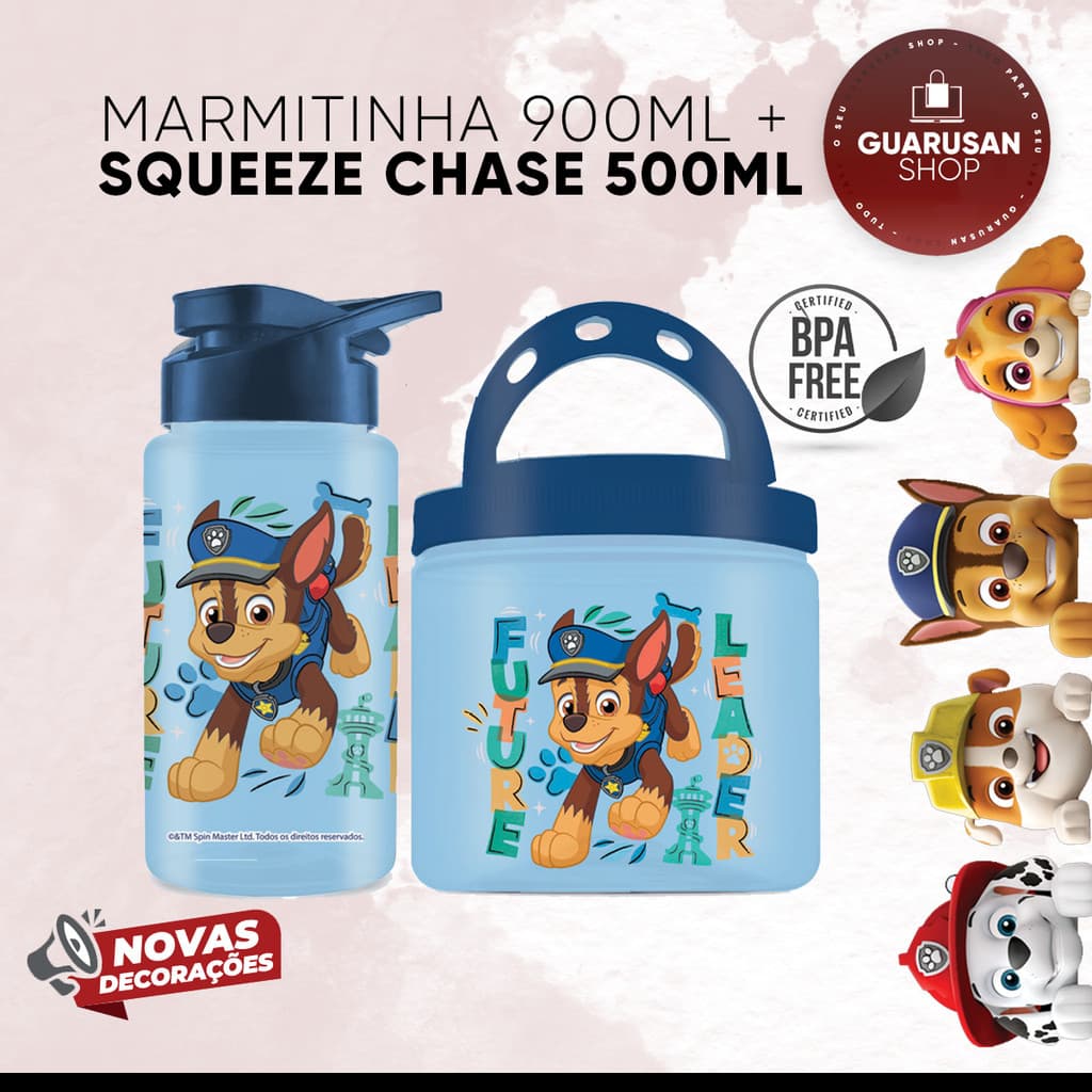 Kit Patrulha Canina Chase - Marmita Lancheira Lanche Pote 900ml + Garrafa Squeeze Bottle Cantil Infantil Escolar 500ml