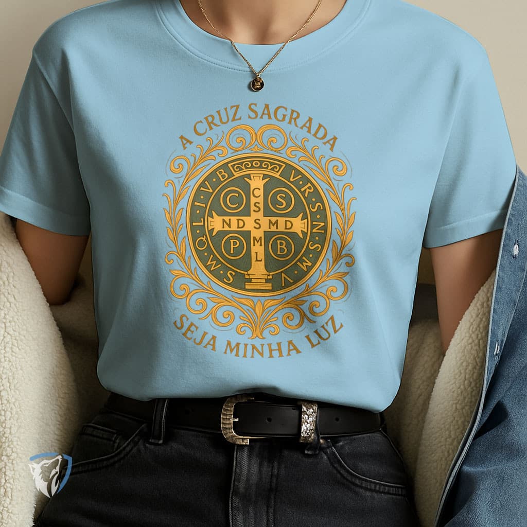 Camiseta Religiosa Medalha São Bento | 100% Algodão e Fé no Dia a Dia