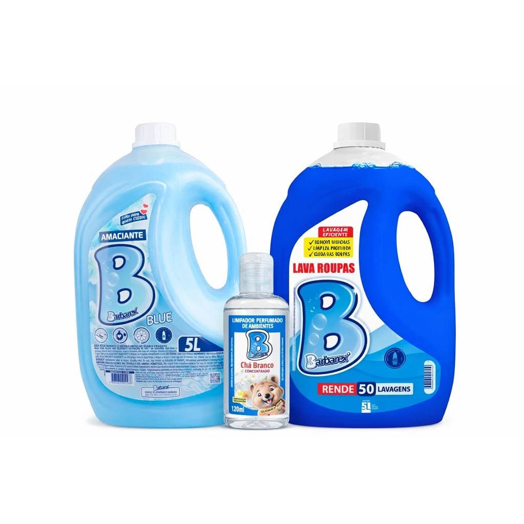 Kit Lavanderia Completo 5L Sabão Líquido + 5L Amaciante + Limpador Perfumado Chá Branco