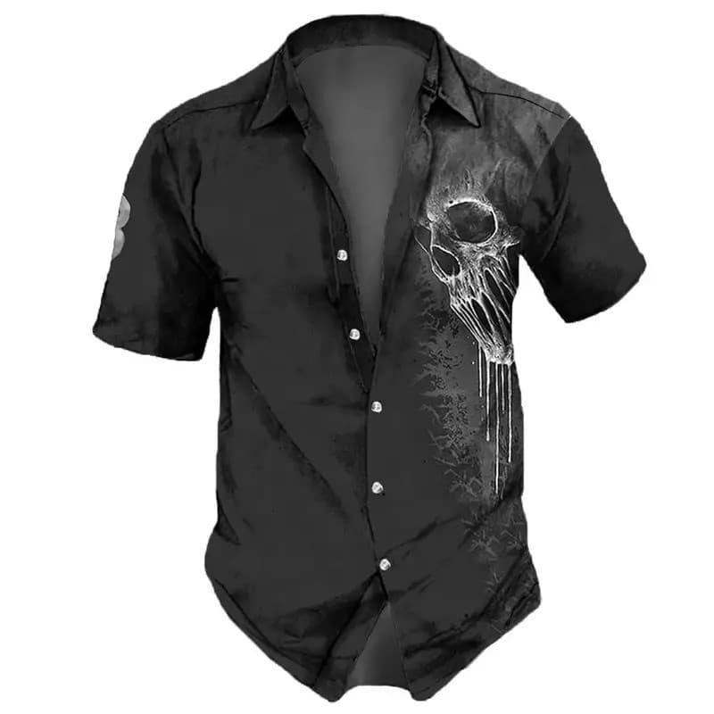 2026 Camisa Masculina Skull com Lapela, Estilo Streetwear Vintage, Manga Curta, Hip Hop Urbano, para Festa de Verão, Cam