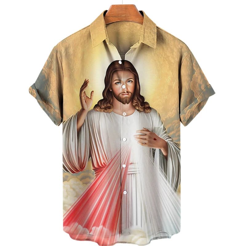 Camisas Havaianas Masculinas com Estampa 3D de Deus, Jesus e Maria, Estilo Religioso Crucificado, Harajuku, Casual, Mang