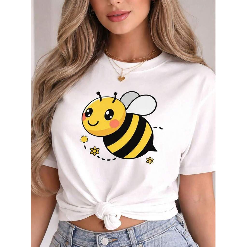 Camisa Feminina Abelha Estampada 100% Algodão Gola Redonda Tendencia