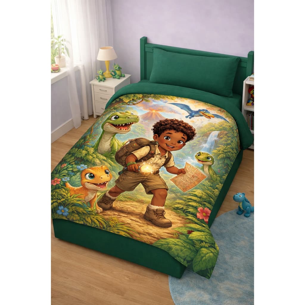 Edredon Solteiro Dinossauro Aventura dupla face Cobre leito Colcha estampa Exclusiva