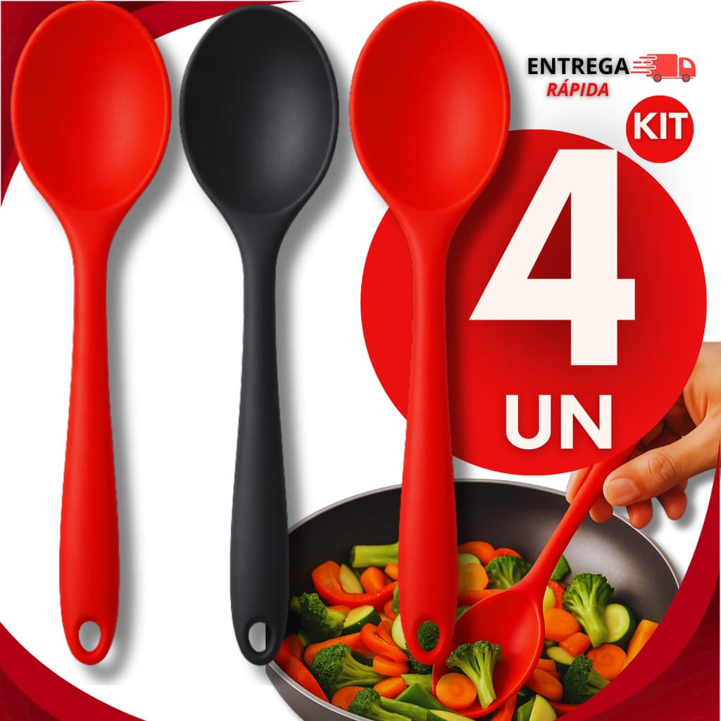 Jogo 04 Colheres De Silicone Cores Sortidas Utensílios De Cozinha Resistente Multiuso Linha Premium