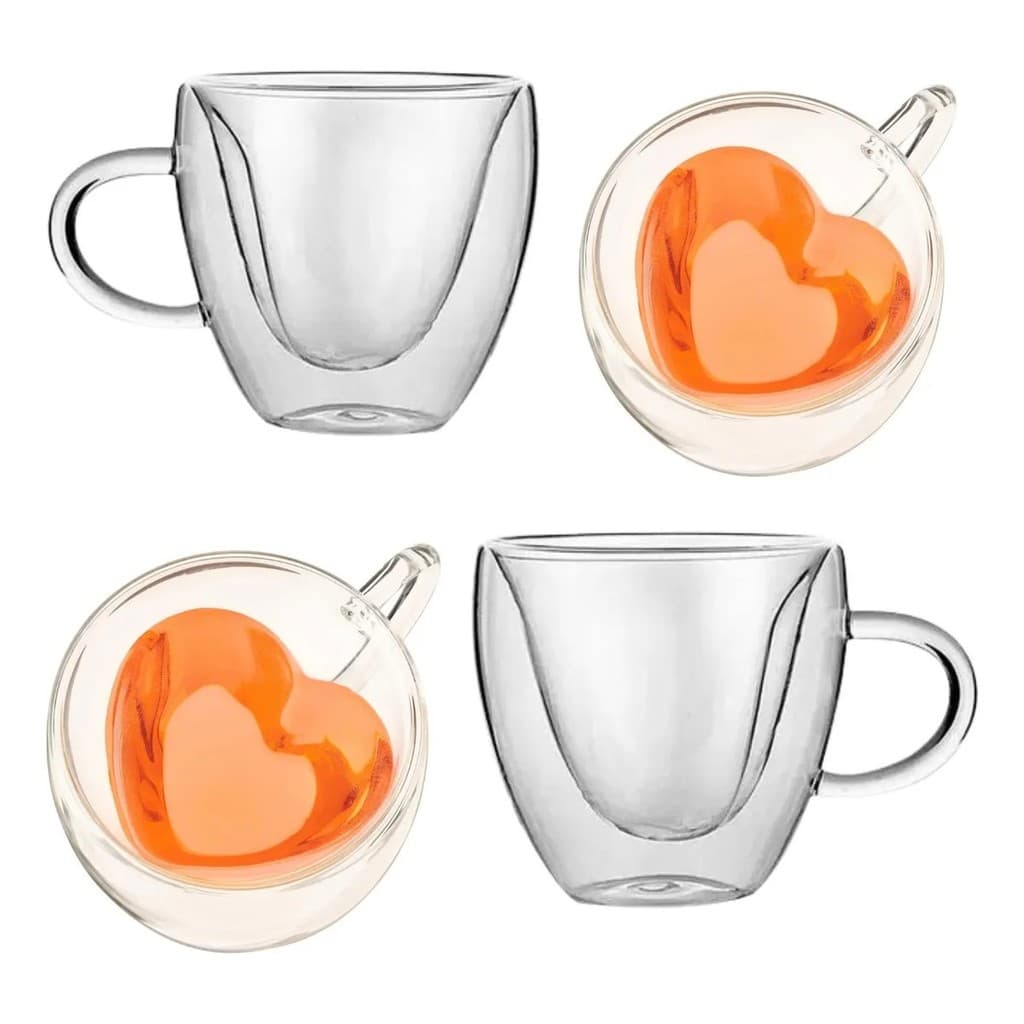 KIT 2 Xícaras de Café Chá no formato de coração vidro parede dupla borossilicato 80ml