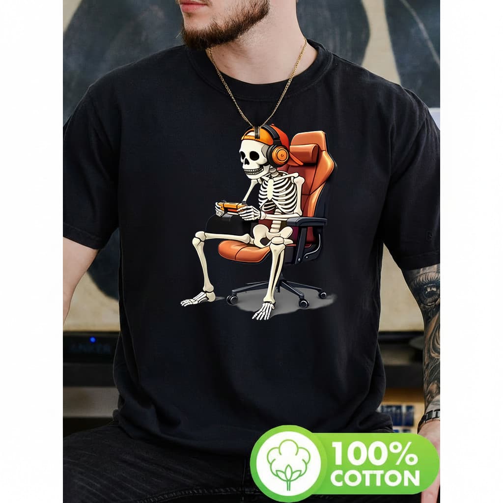 Camiseta Masculina esqueleto gamer com fones de ouvido cadeira estilo retrô moderno estilosa casual