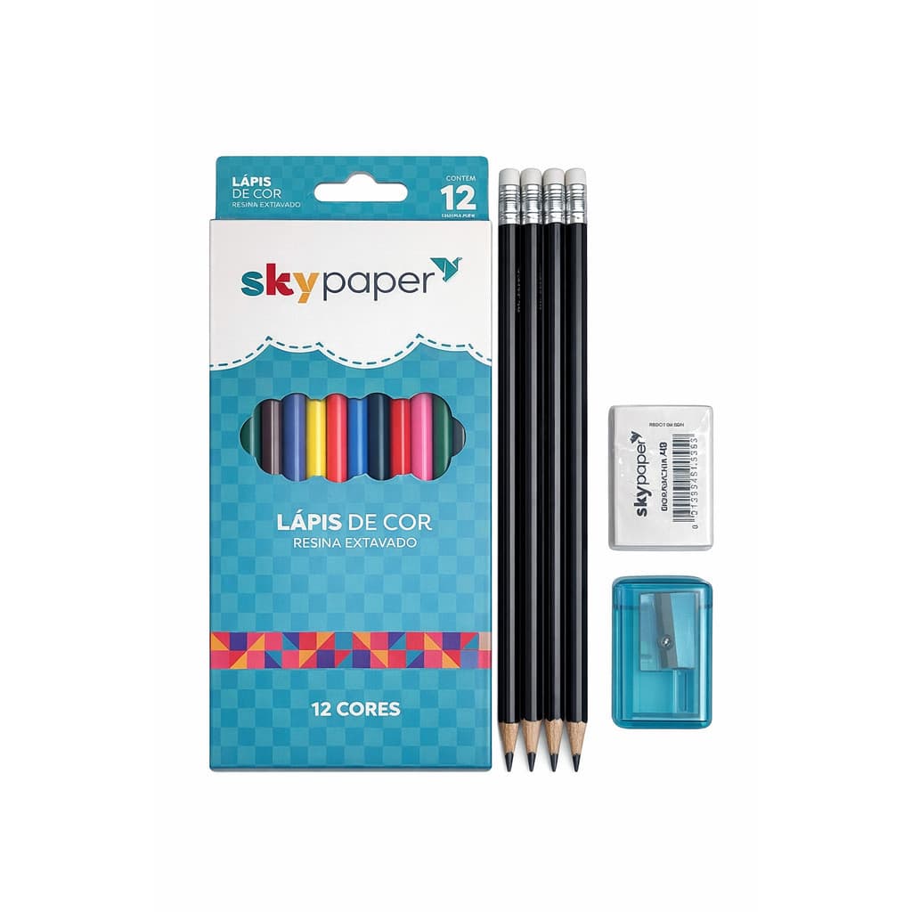 Kit Escolar Lápis de Cor 12 Cores + 4 Lápis Grafite + Borracha + Apontador Skypaper