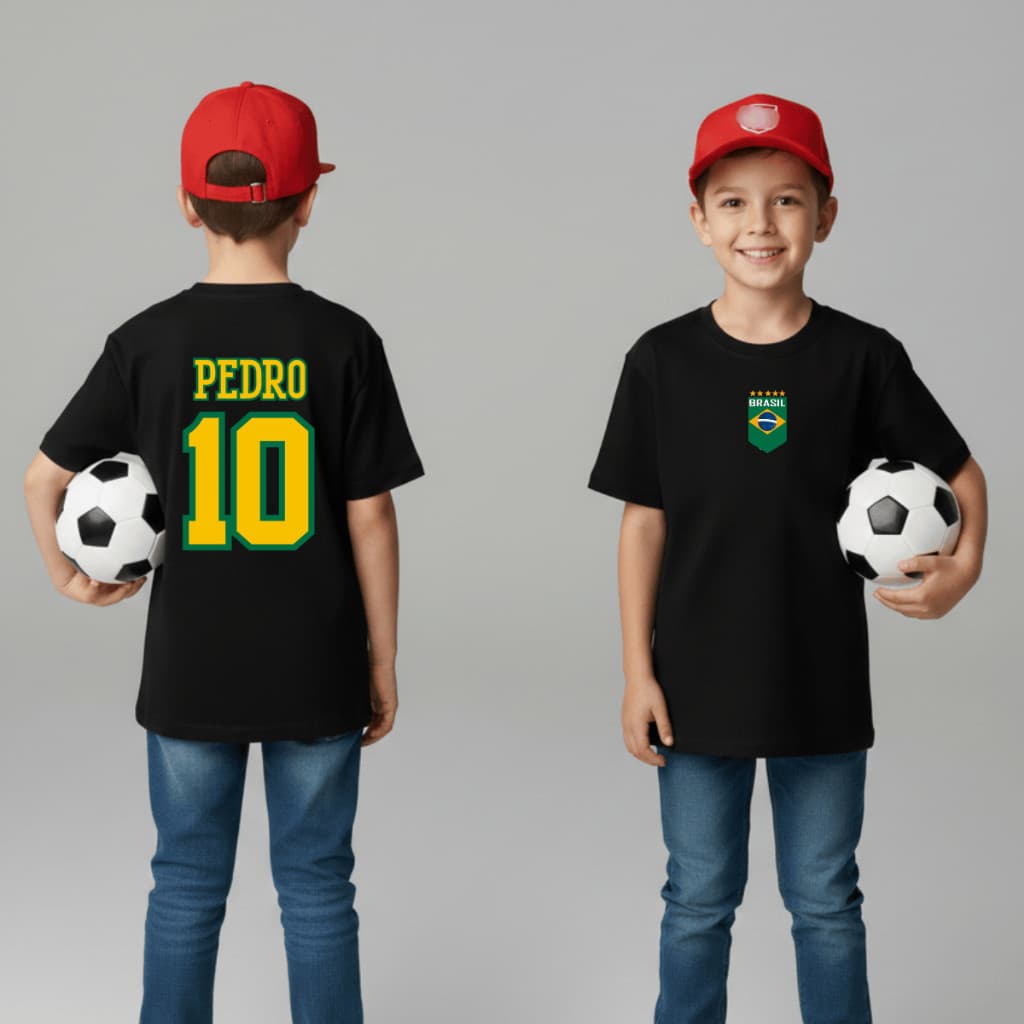 CAMISETA INFANTIL PERSONALIZADA SEU NOME E NUMERO BRASIL SELEÇÃO ALGODÃO PENTEADO 30.1 PREMIUM
