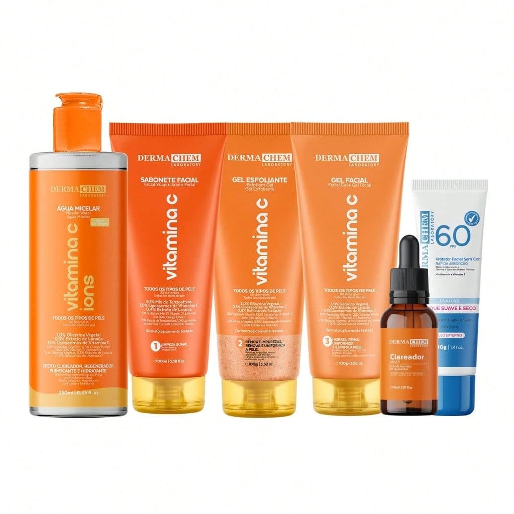 Kit Skincare Vitamina C Anti-idade 6 Uni Clareador Dermachem / Sabonete / Esfoliante/gel/Seum/Protetor/Agua micelar/