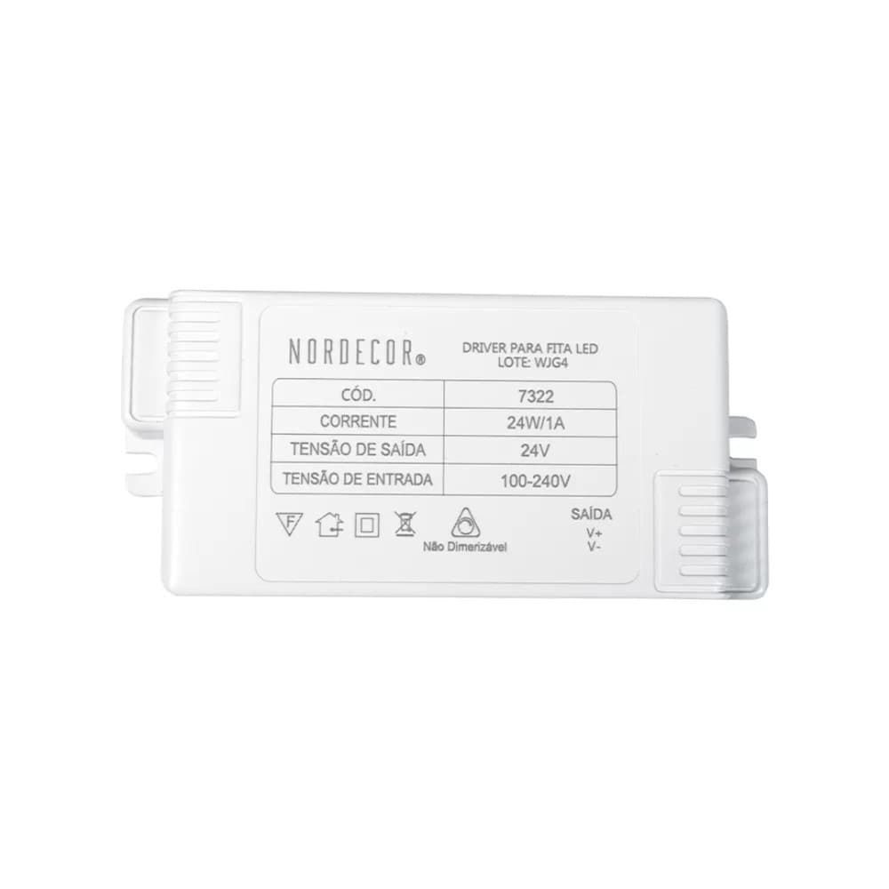 Fonte Driver 24V Mini Slim p/ Fita LED 24W/1A Bivolt Plástico - Nordecor 7322