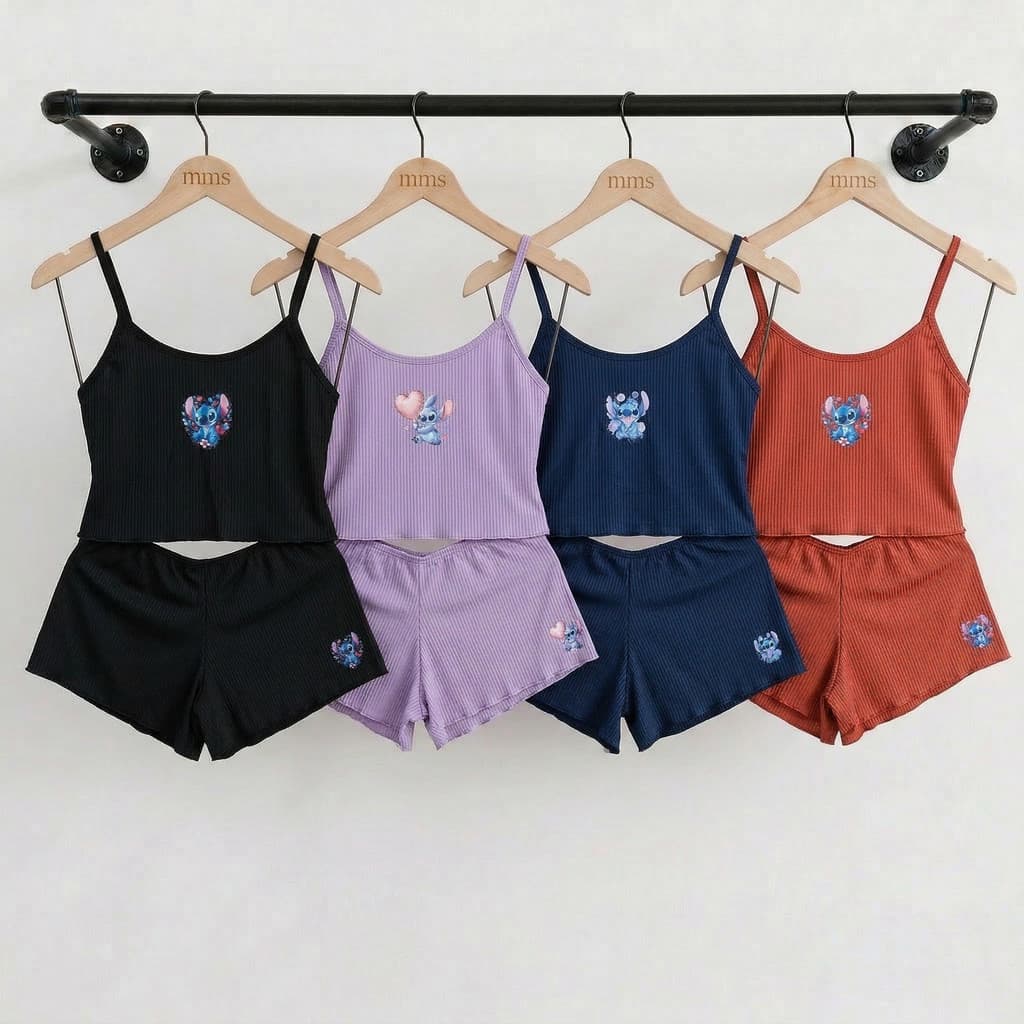 Conjunto Pijama Baby Doll Stitch Canelado Confortável Dormir