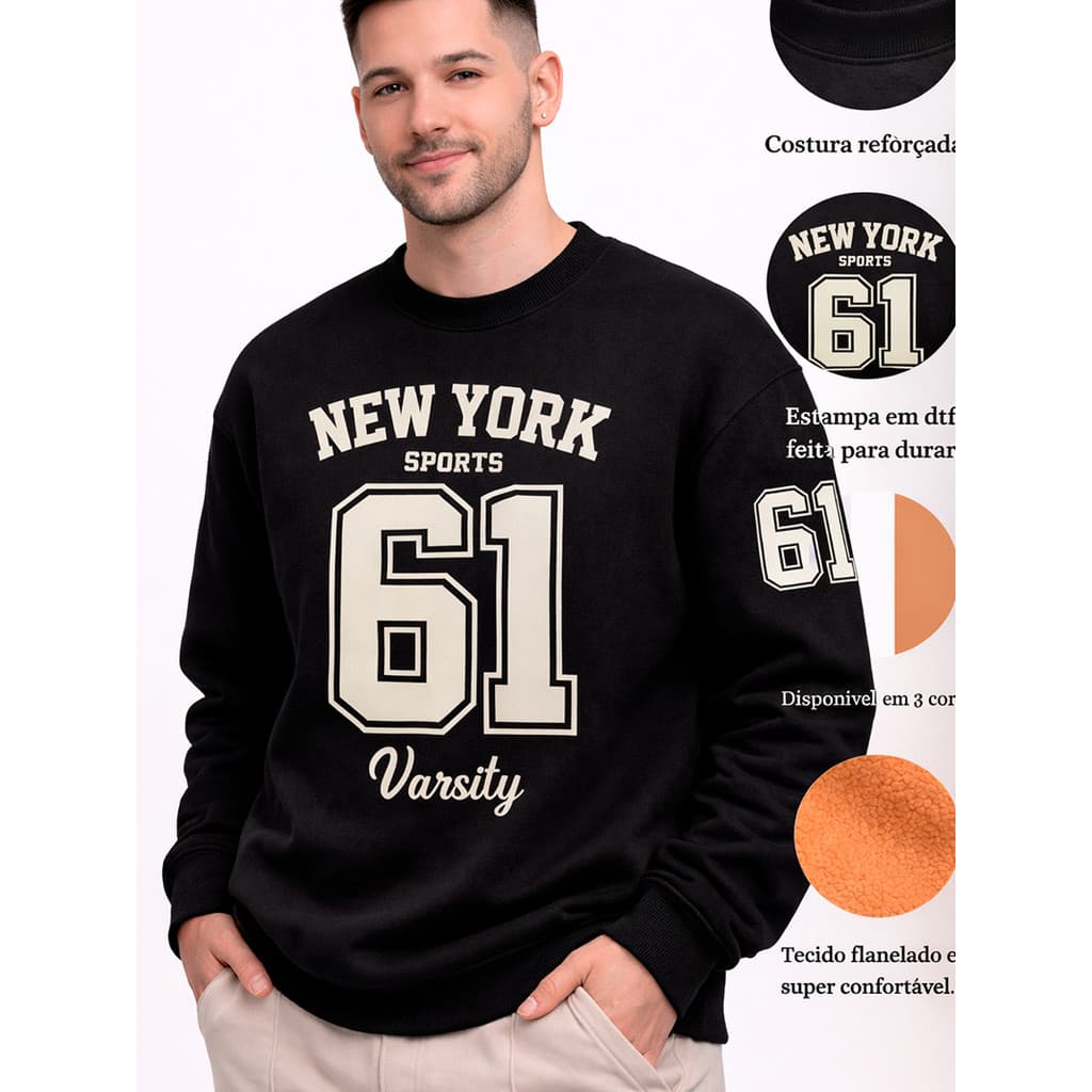 Moletom Masculino New York 61 Varsity Flanelado Estampa DTF Premium Casual Confortável
