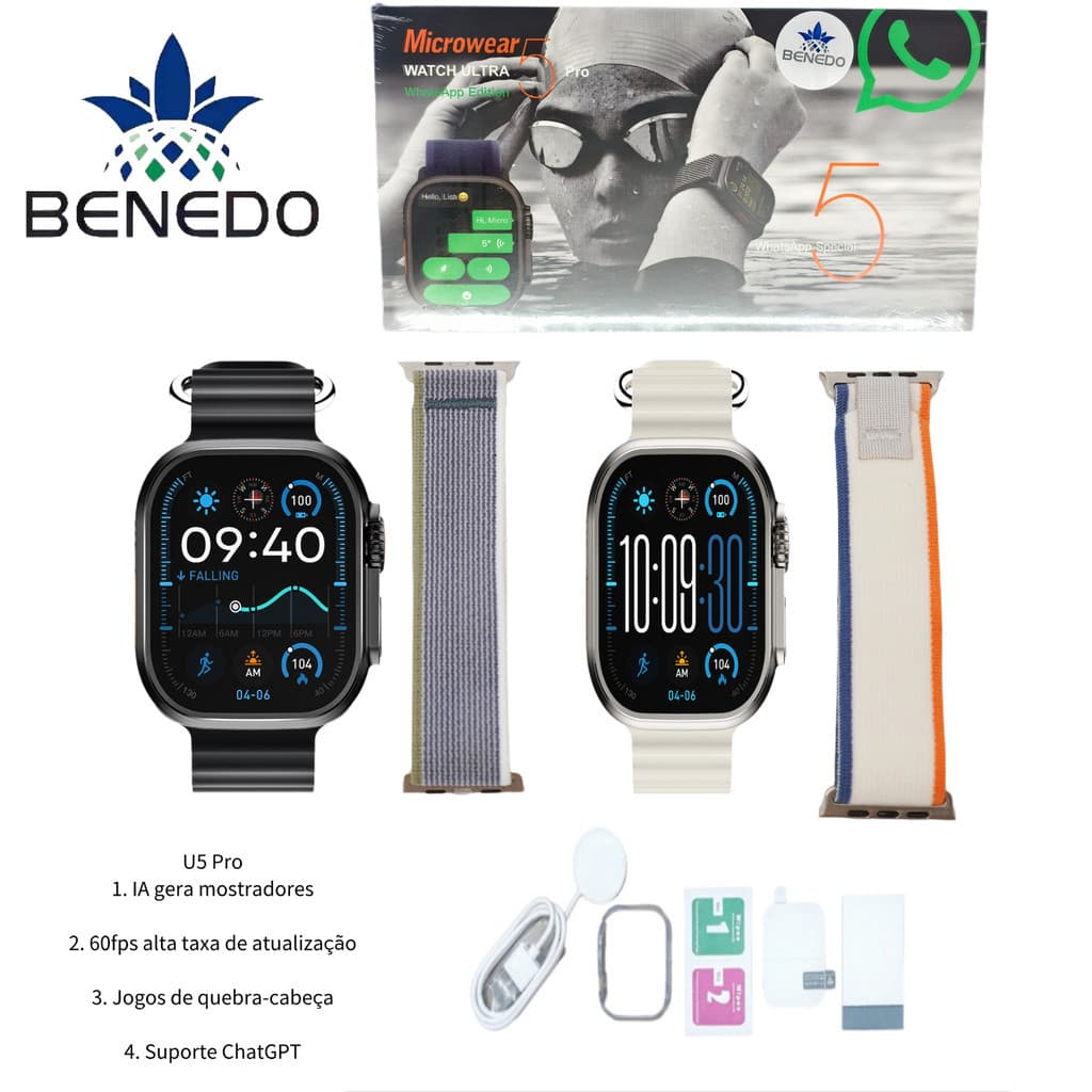 Smartwatch Microwear Ultra 5 Pro 49mm 2 Pulseiras Series 11 IP68 Aprova d'agua Responde Chatgpt GPS