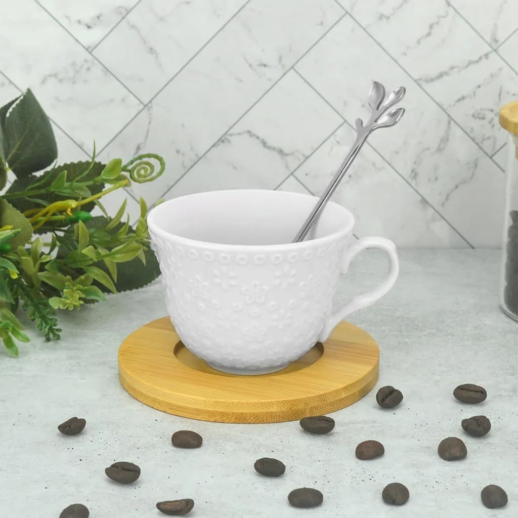 Conjunto Xícaras Porcelana Com Pires Em Bambu Chá Café 12 Peças