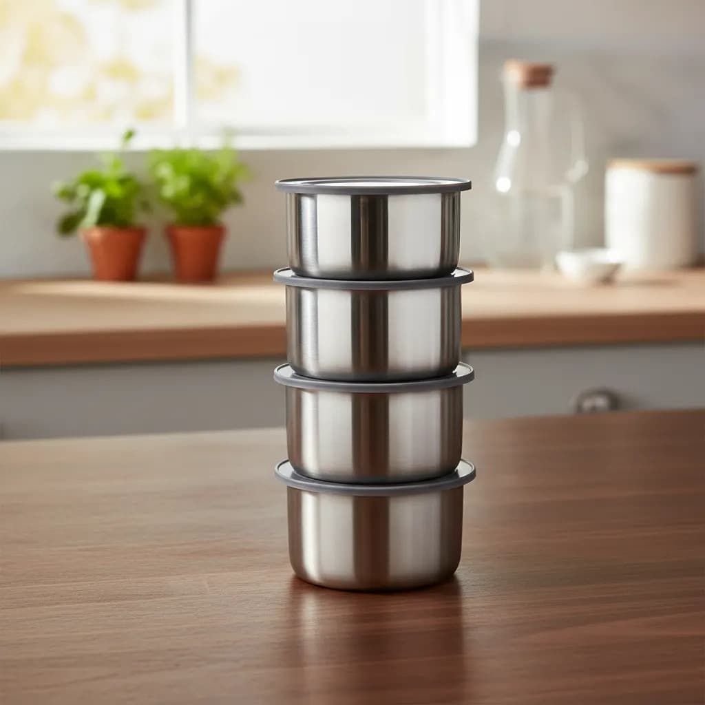 Jogo 4 Potes Hermeticos Redondos Inox 450ml Marmita Armazenamento Alimentos Cozinha Organizacao Tampa Vedacao