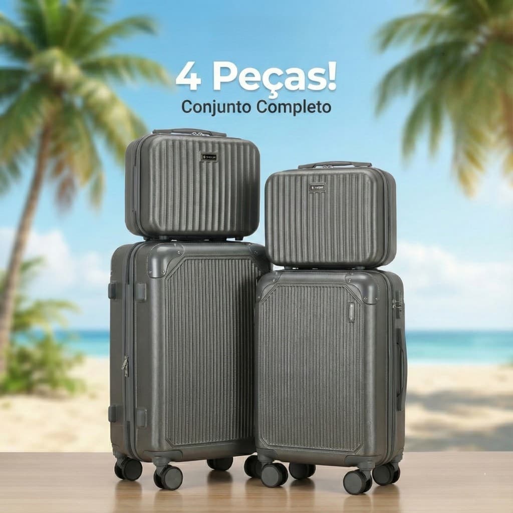 Kit Mala De Viagem Rodinha 360 Com Frasqueira Conjunto 4 Peças ABS Reforçada Mala De Bordo