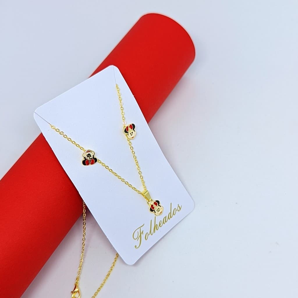 Kit Colar e Brinco Infantil com pingente Delicado Minnie Mickey Folheado a Ouro Dourado Par de Brincos Antialérgico