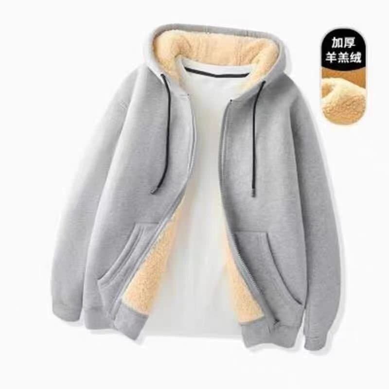 Roupas de trabalho masculinas outono inverno lã de cordeiro moletom grosso com capuz manga comprida jaqueta solta com zí