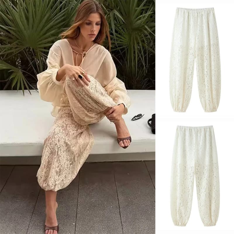 Calça Casual com Forro Solto Renda Cintura Elástica