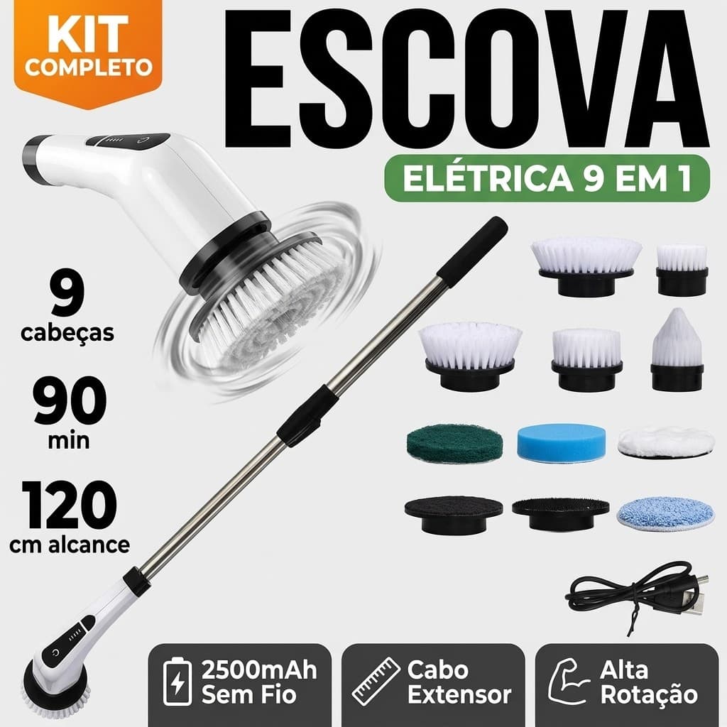 Esfregão Elétrico Sem fio Escova 9 Em 1 Recarregável De Limpeza Ajustável Janela Banheiro E Cozinha 360 Giratória