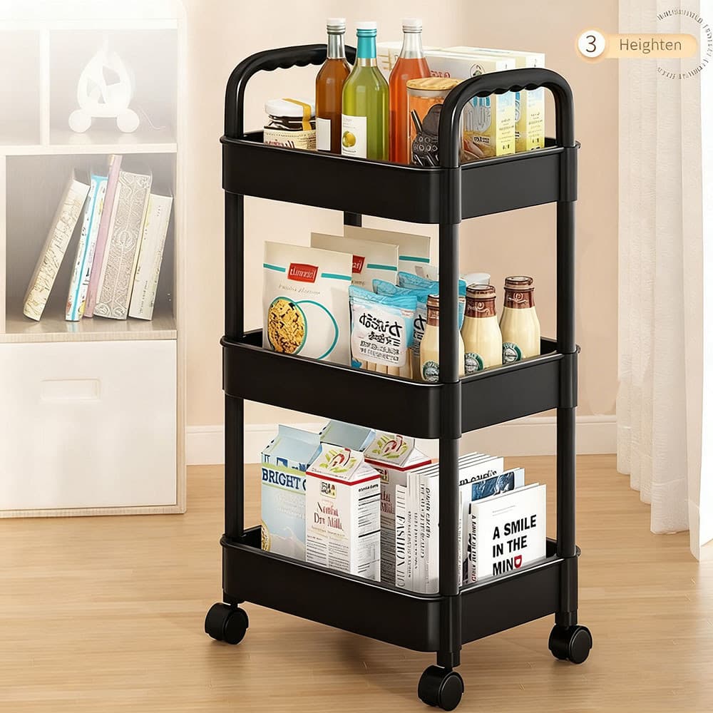 Estante de armazenamento de três níveis com rodas para facilitar o deslocamento e ideal para guardar objetos.