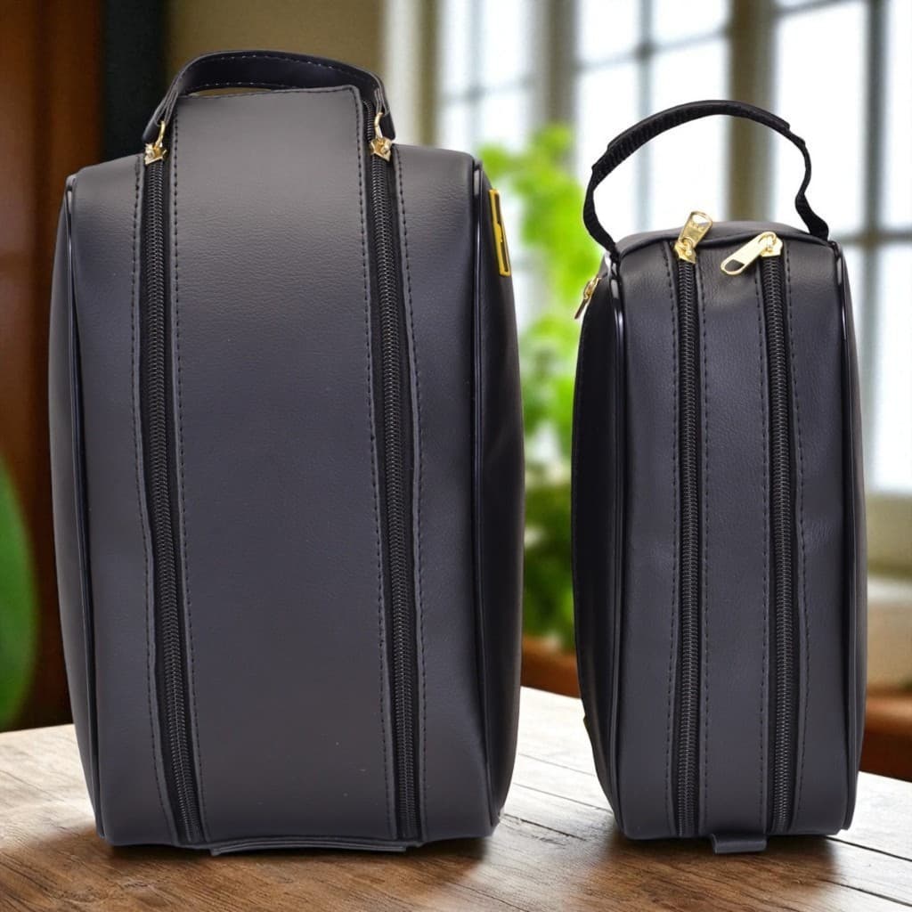 Kit Necessaire Masculina Preta com Zíper Duplo – 2 Peças em Couro Sintético