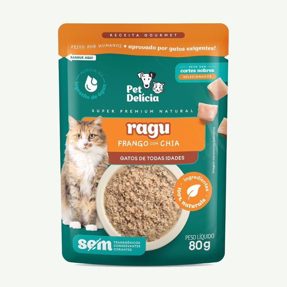 PET DELÍCIA RAÇÃO ÚMIDA SACHE RAGU FRANGO CHIA GATO 80G