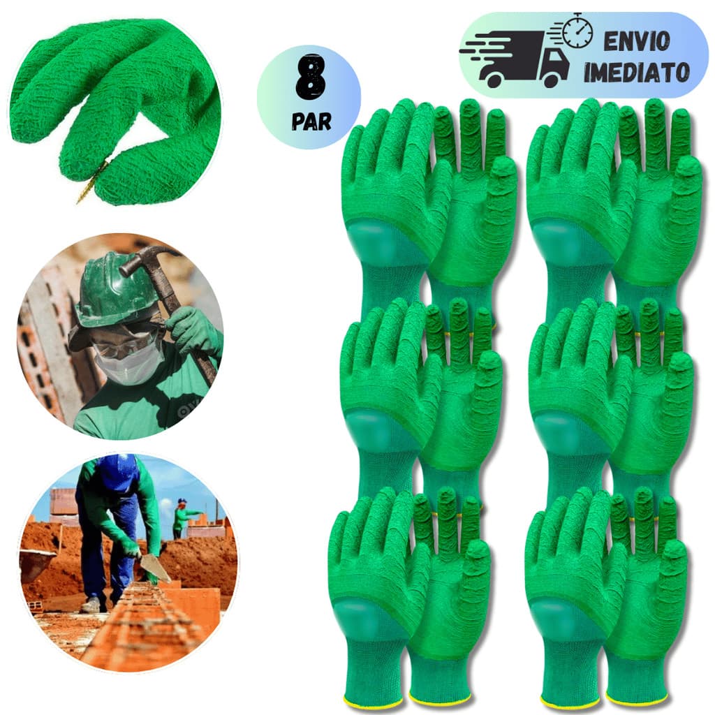 KIT 4 A 8 PAR LUVA COLETA CORRUGADA VERDE RECICLAGEM JARDINAGEM RUBBERGRIP