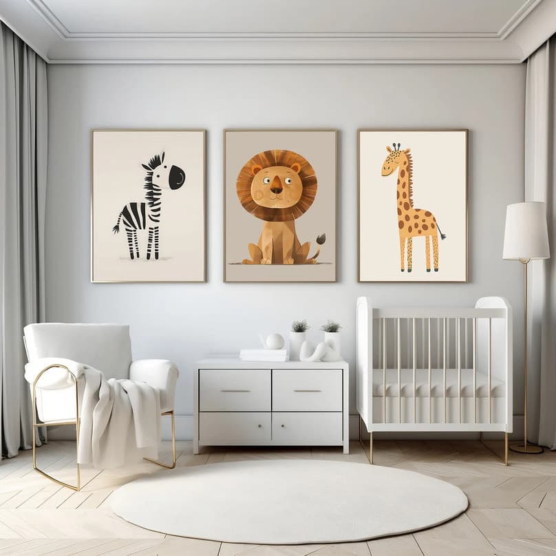 Quadro Decorativo Infantil Safari Colorido Aquarela 3 Peças Divertido Quarto Criança