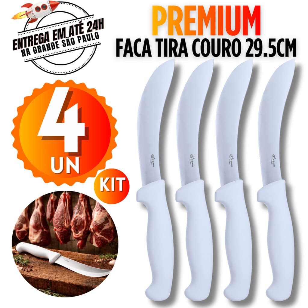 Kit com 4 Facas Tira Couro Sangria Profissional Lâmina Aço Inox 6 Polegadas Açougue Frigorifico