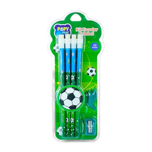 Blister Futebol Verde com 8 lápis + 1 apontador + 1 suporte Copa do Mundo Fofy