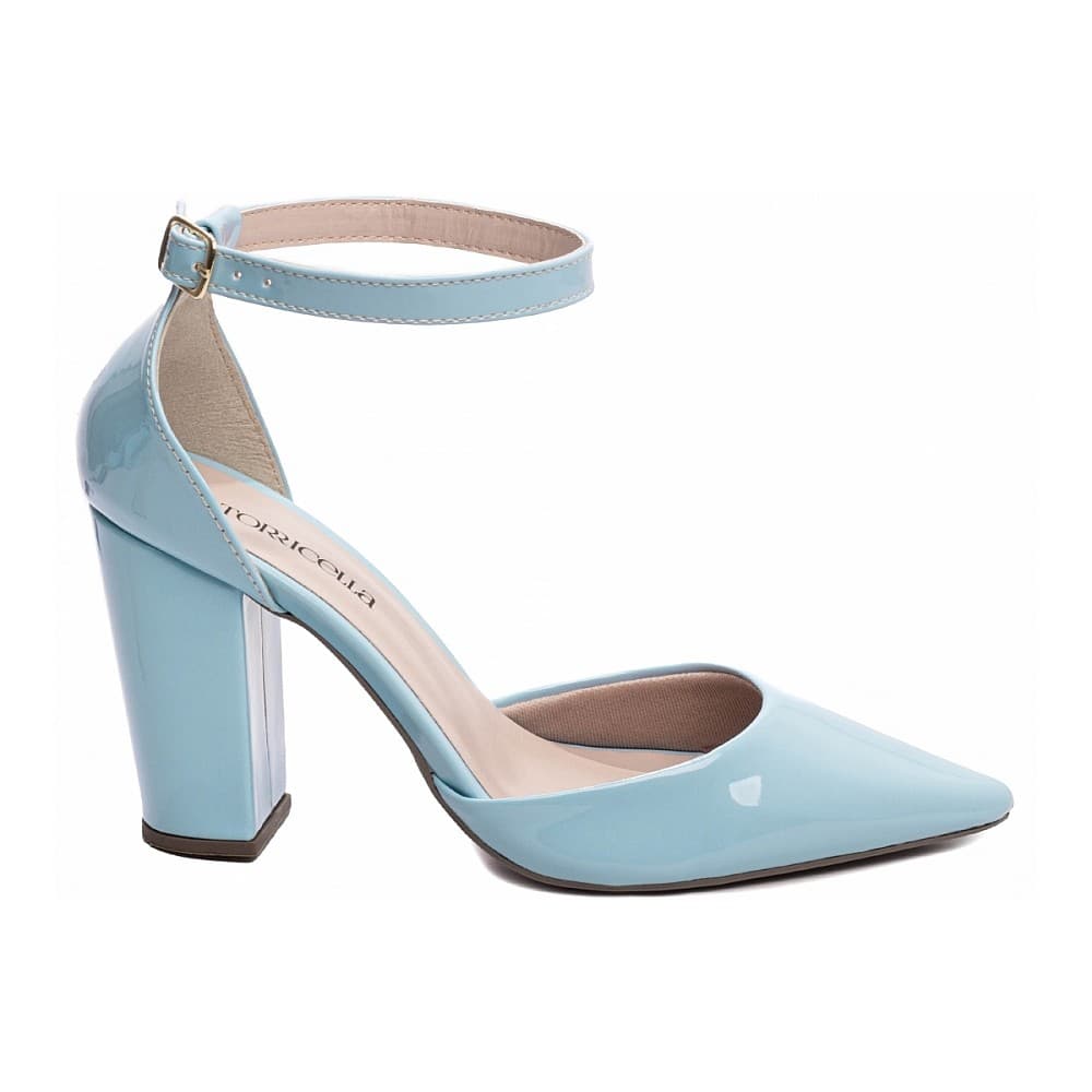 Sapato Scarpin Salto Alto Grosso Ajuste Fivela Bico Fino Verniz Azul Claro
