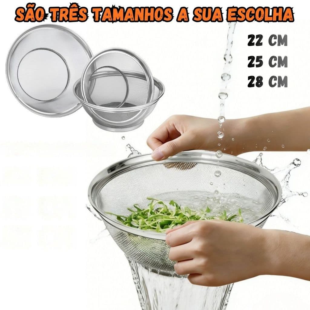 Kit 3 Cestos Escorredores Peneira Inox 22/25/28cm – Para Alimentos, Arroz, Massas e Legumes