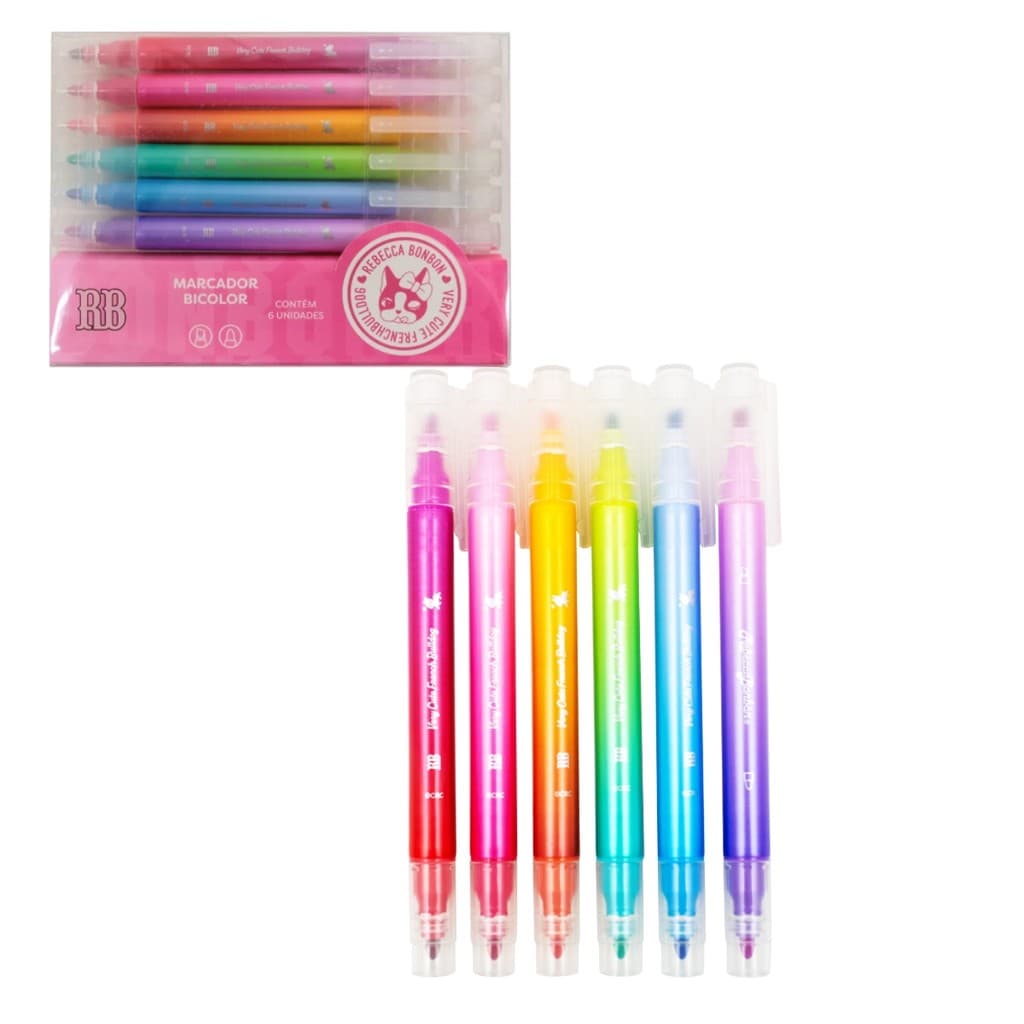 Marcador Bicolor Ponta Dupla De Marca -Texto e Canetinha Macia 2 Em 1 Ideal Para Grifar e Pintar Rebecca Bonbon Skypaper
