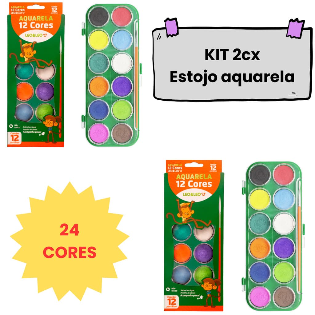 Kit 2 Estojo Aquarela Leo & Leo 12 Cores com Pincel Uso Escolar e Artístico
