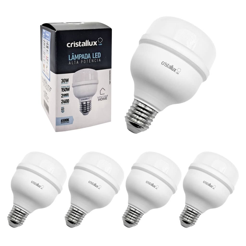 5X Lâmpada Bulbo Led Alta Potência E27 30w Branca Fria 6500k Cristallux