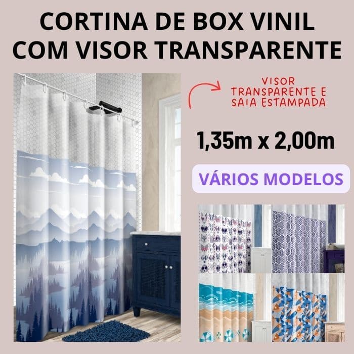 Cortina de Box Banheiro Impermeável Antimofo Com Visor Retangular Transparente e Saia Estampada 1,35x2,00M Plastleo