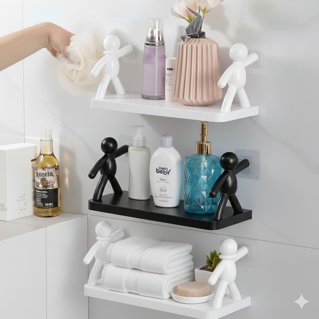 Kit 3 Suportes Prateleira Bonequinho Preto – Organização Moderna para Banheiro e Quarto