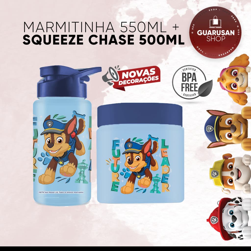 Kit Patrulha Canina Chase - Marmita Lancheira Lanche Pote 550ml + Garrafa Squeeze Bottle Cantil Infantil Escolar 500ml