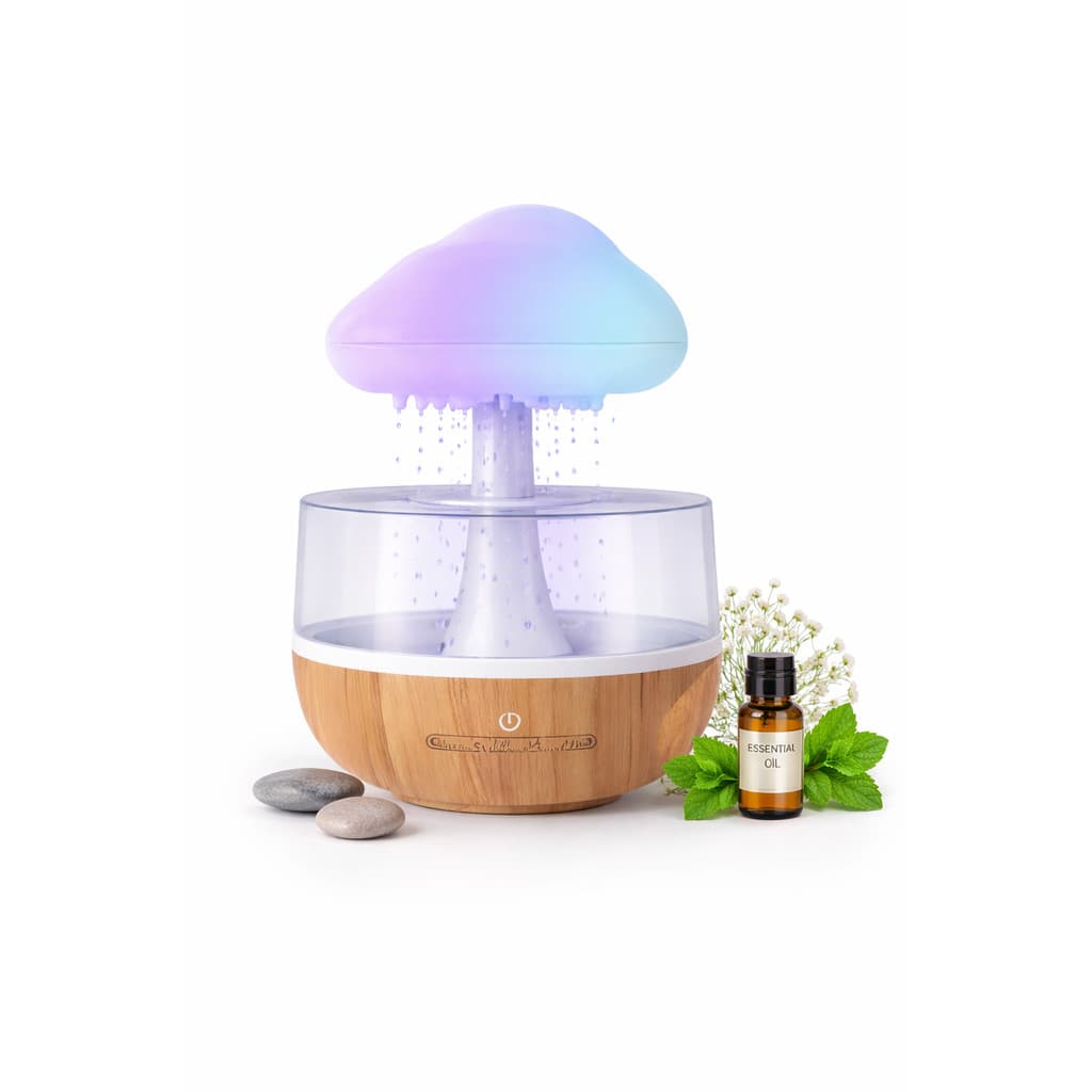 Umidificador de nuvem de chuva, difusor de nuvem de chuva de cogumelo de gotejamento de água com 7 cores variáveis, luz