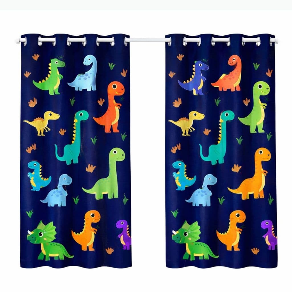 Cortina Pequena Infantil Quarto Criança P/ Varao Simples Decoração Dinossauro Azul Marinho Corta Luz