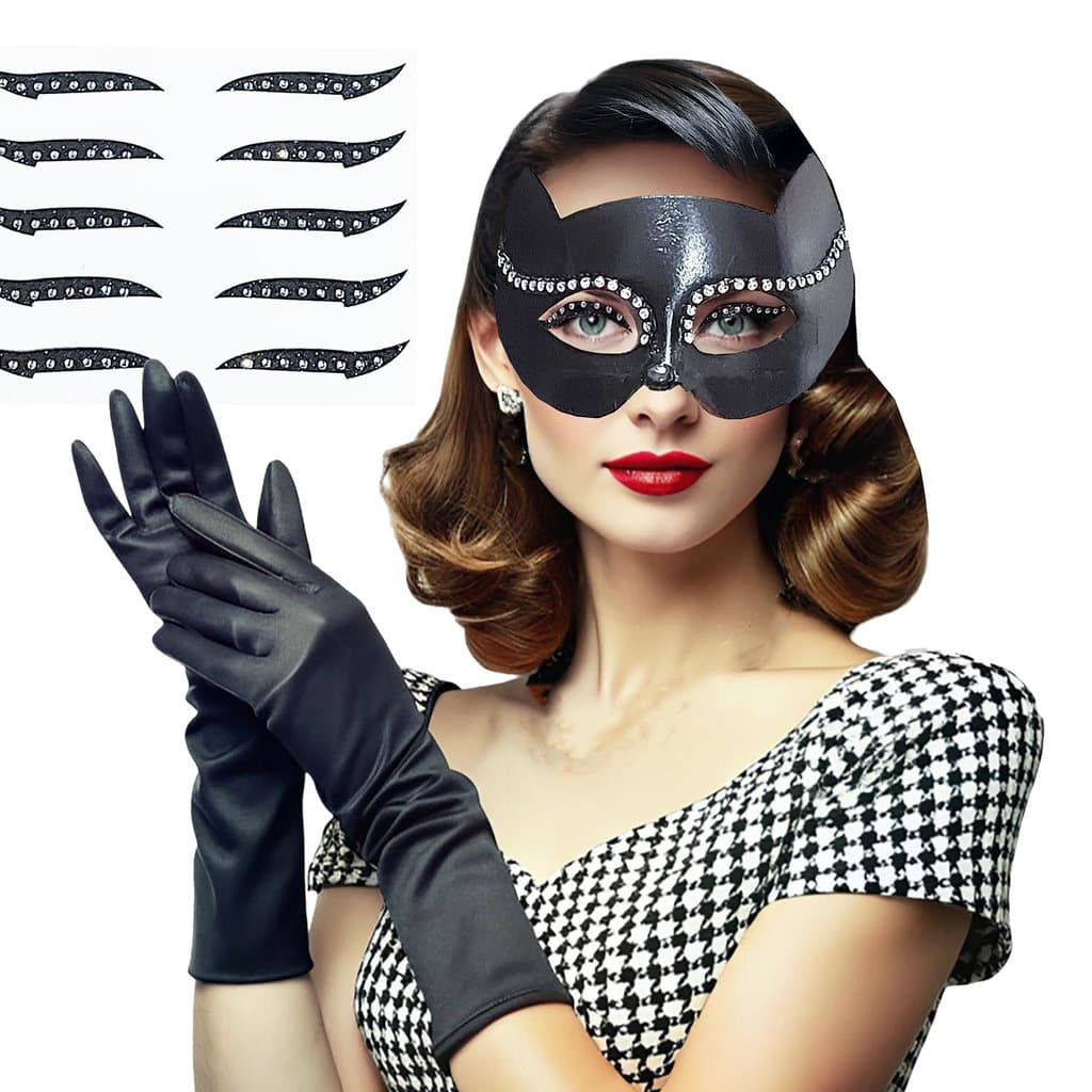 Kit Acessório Fantasia Mulher Gato Halloween Carnaval Cosplay: Máscara + Luvas + Delineador Adesivo