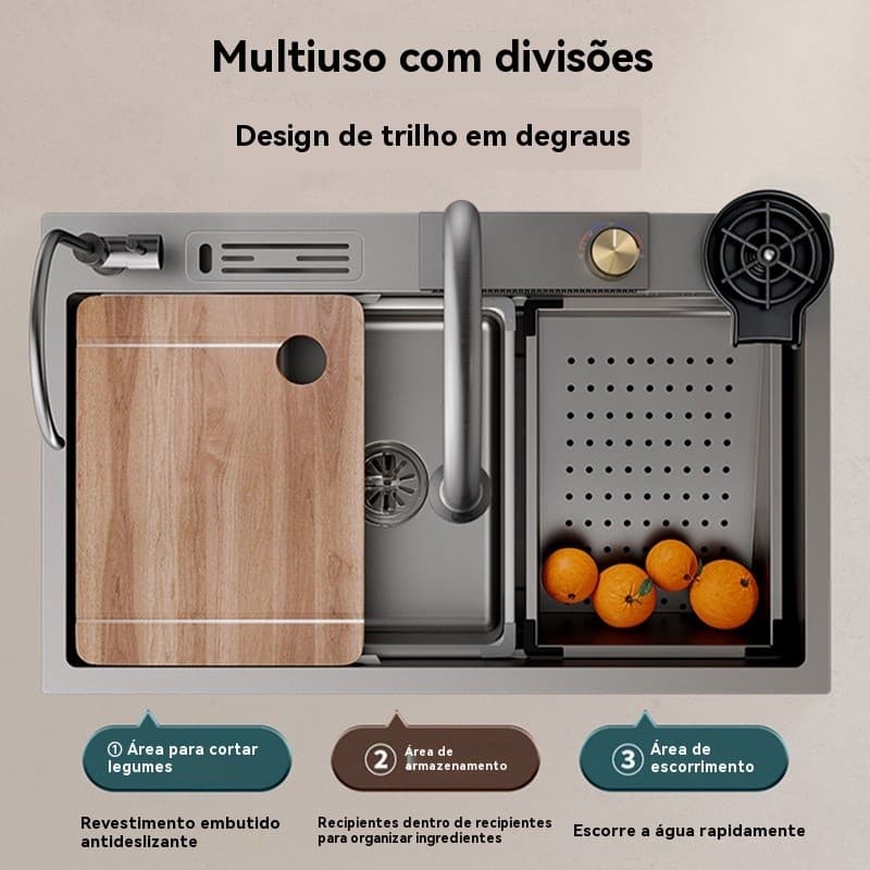 Pia De Cozinha Antiincrustante Nano De Aço Inoxidável 304 , Cascata De Alta Pressão , Tigela Única Feita À Mão
