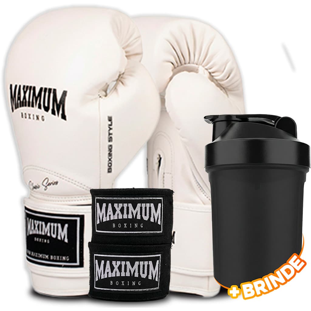 Kit Luva Muay Thai Boxe Boxing New Classic White Tamanho 10 + Bandagem Maximum 3 Metros