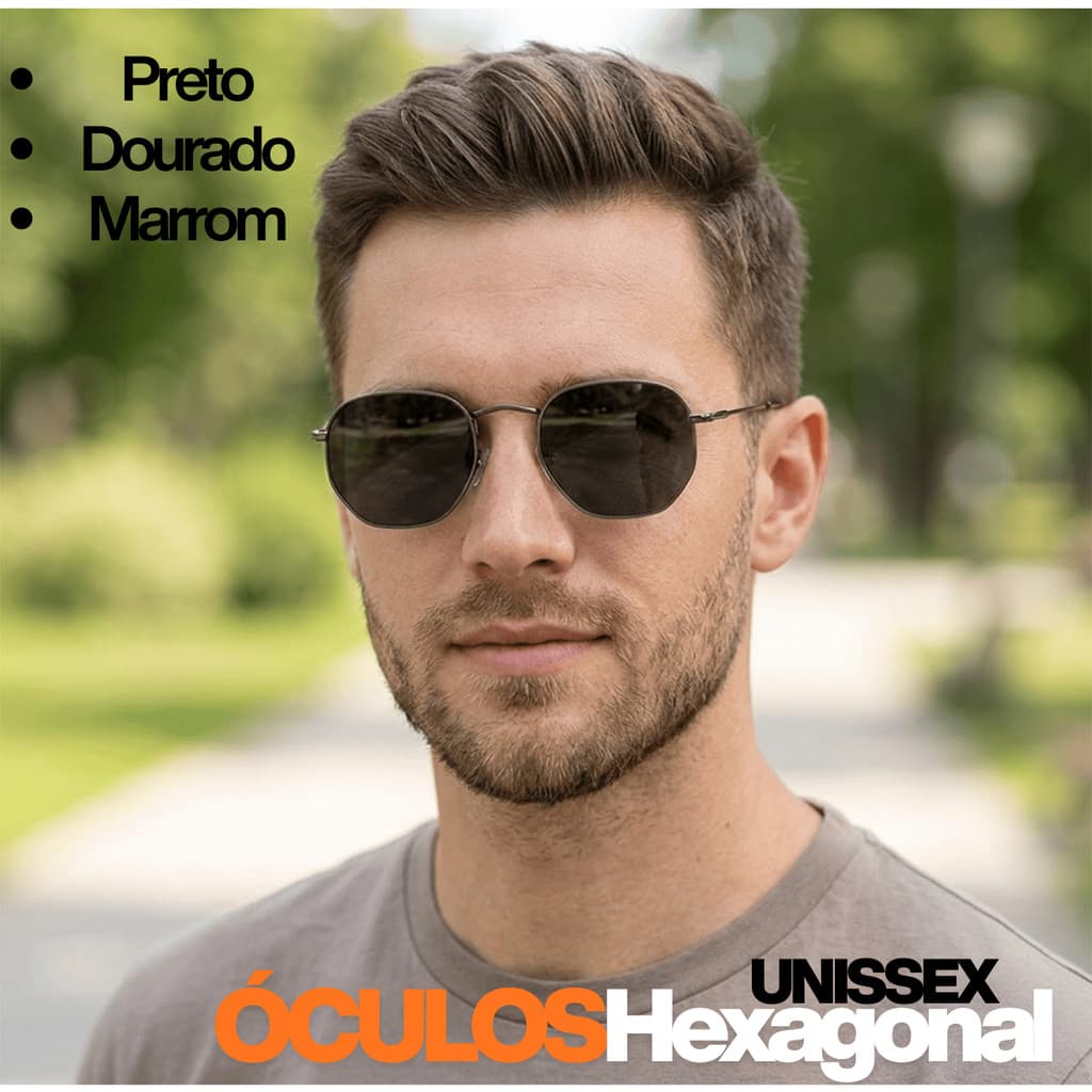 Óculos de Sol Hexagonal Unissex Metal Leve Retrô Estilo Clássico Preto Dourado Marrom