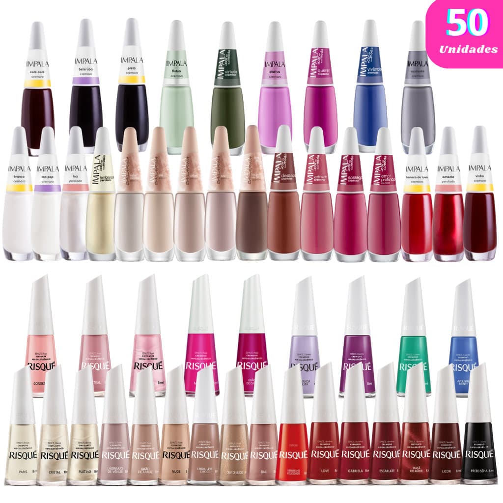 KIT COM 50 / 40 / 30 / 20 / 15 ESMALTE RISQUÉ + IMPALA SORTIDOS MANICURE PEDICURE