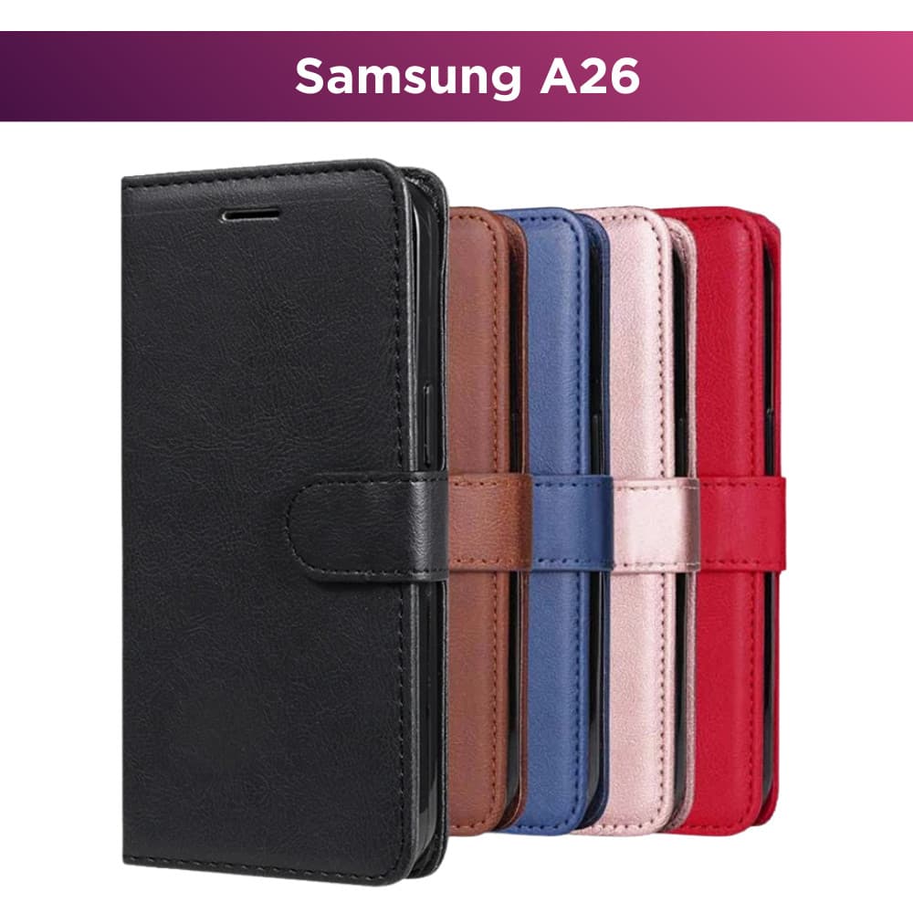 Kit Capa Carteira P/ Samsung Galaxy A26 - Couro Sintético Case Capinha e Película 3D Vidro/Hidrogel