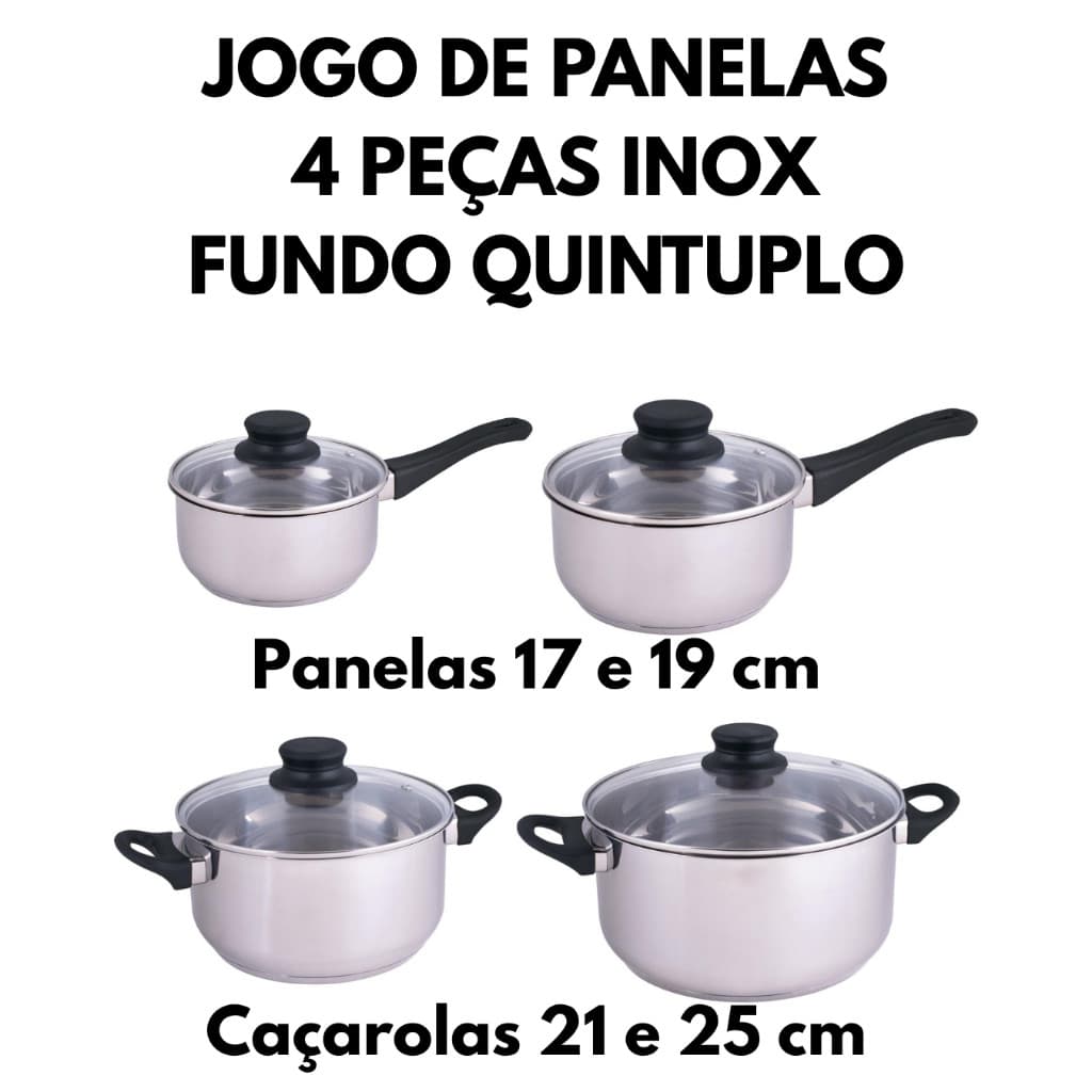 Jogo de Panelas Inox MOR – Panelas 17cm e 19cm e Caçarolas 21cm e 25cm Tampa Vidro e Fundo Triplo