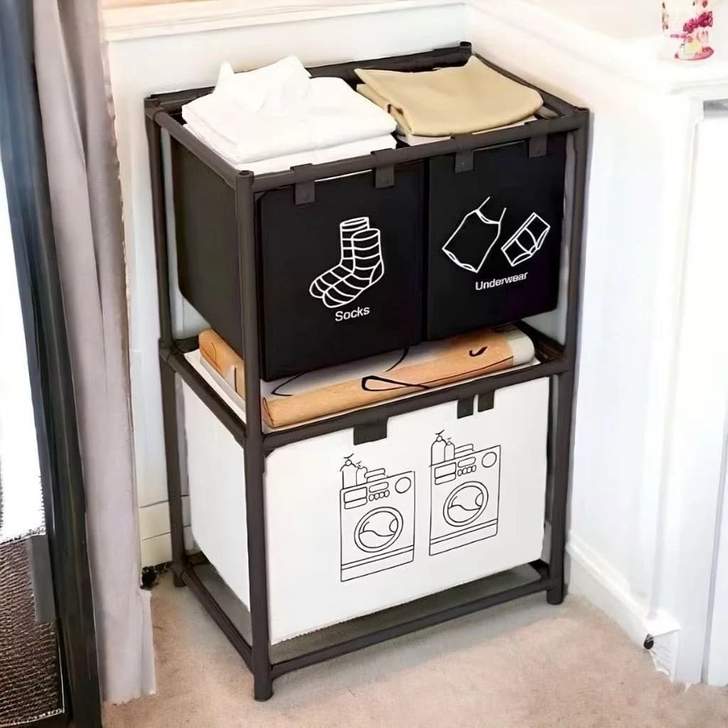 Organizador Roupas Lavanderia 3 Cestos Preto Roupa Suja Divisória Suporte Caixa