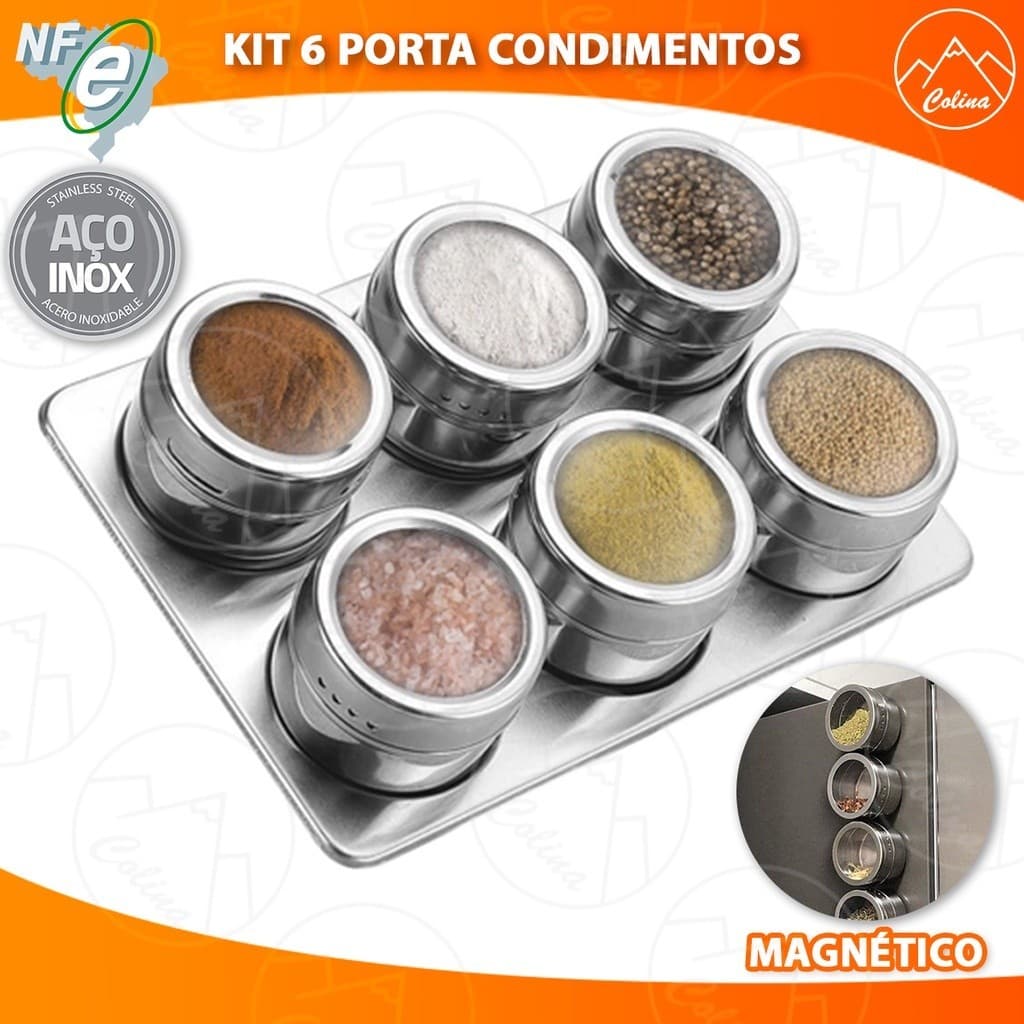 Kit 6 Porta Tempero Porta Condimento Inox Magnético Com Imã Para Geladeira e Suporte Salte Oficial